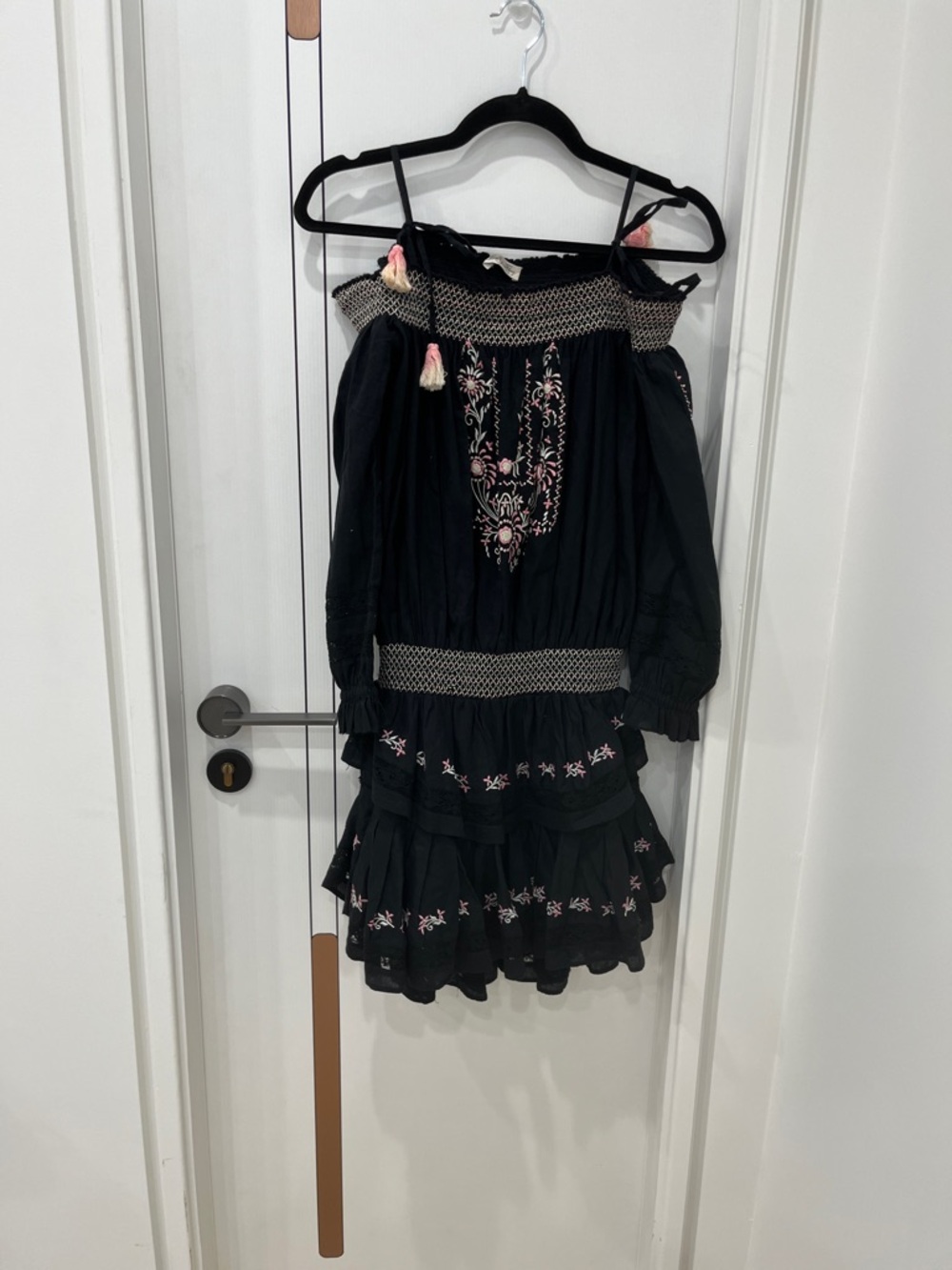 LoveShackFancy Black Off-Shoulder Dress with Pink Embroidery